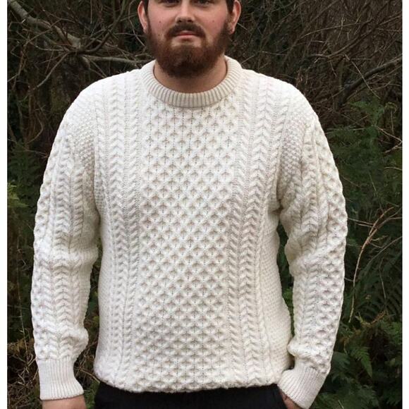 John Molloy Men's LRG Ivory Irish Wool Cable Knit Crew Neck Fisherman Sweater - Picture 2 of 7